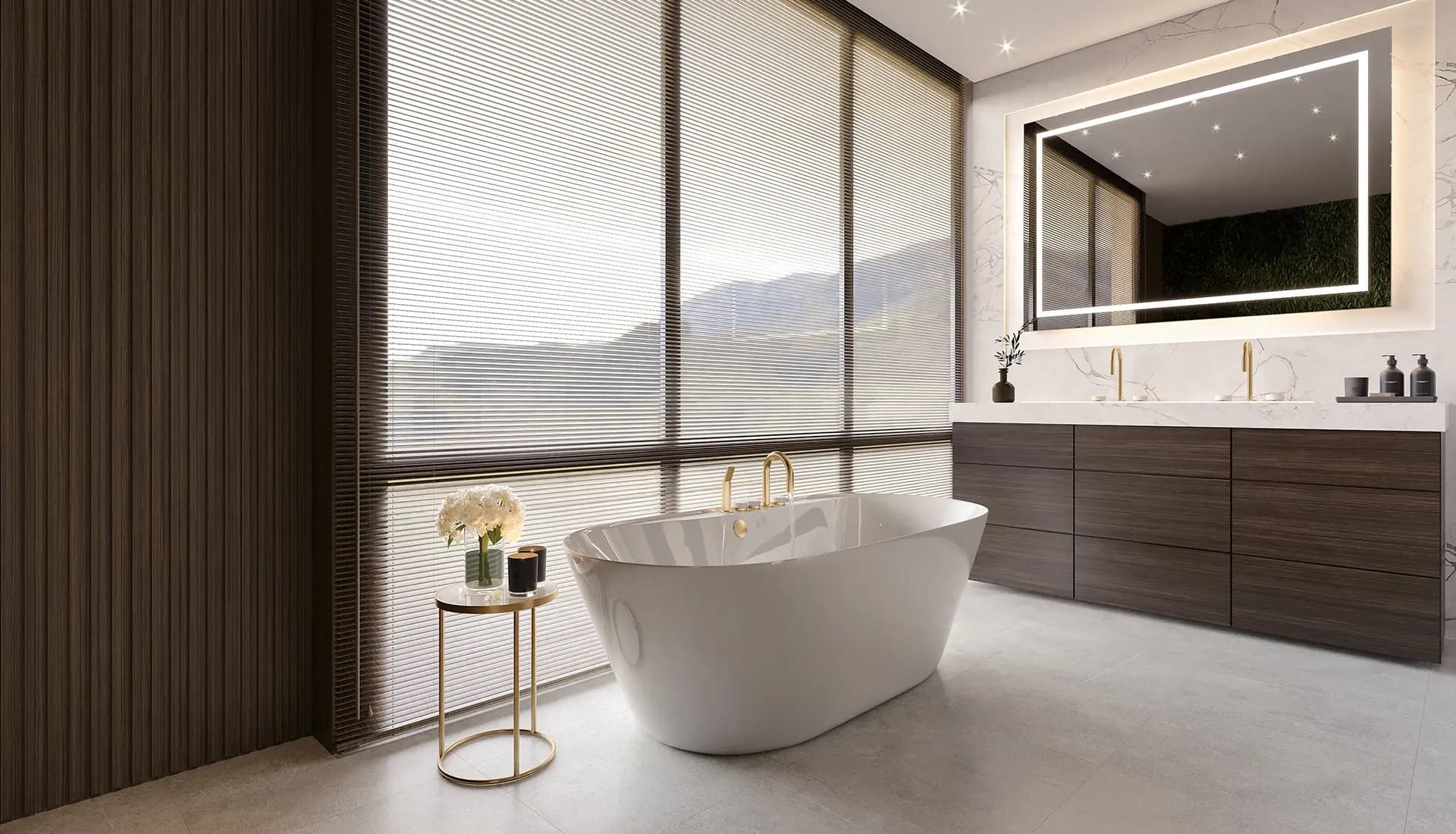 Bright spa bathroom with freestanding tub and wide windows
