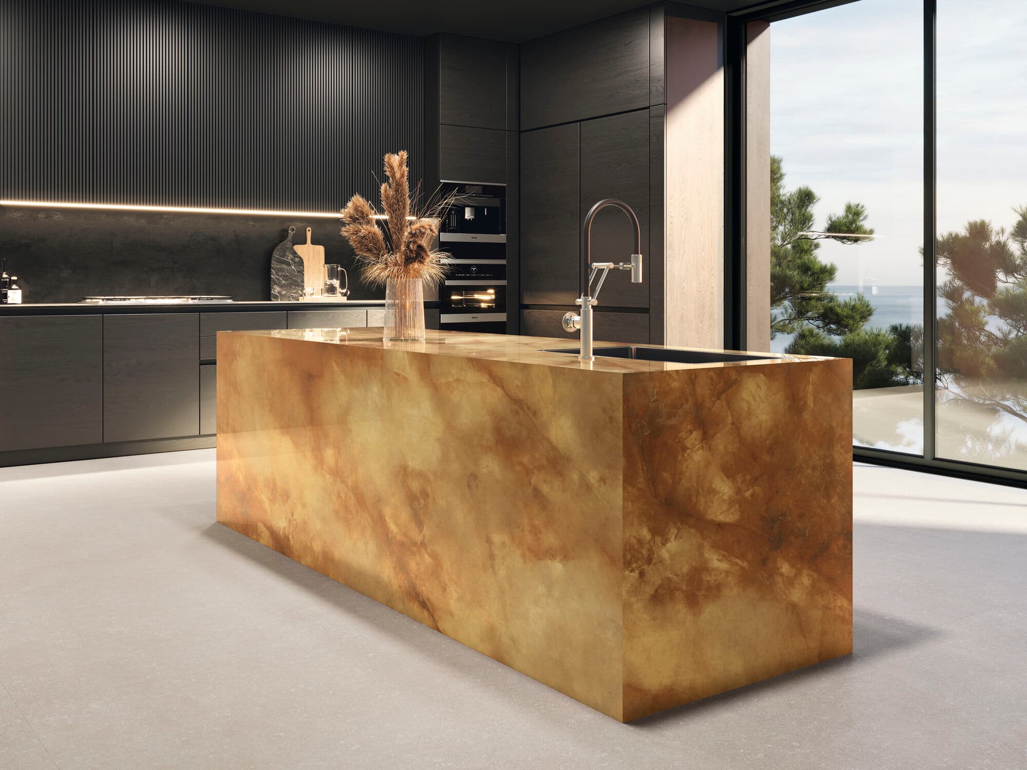 Premium kitchen island with warm stone-look finish