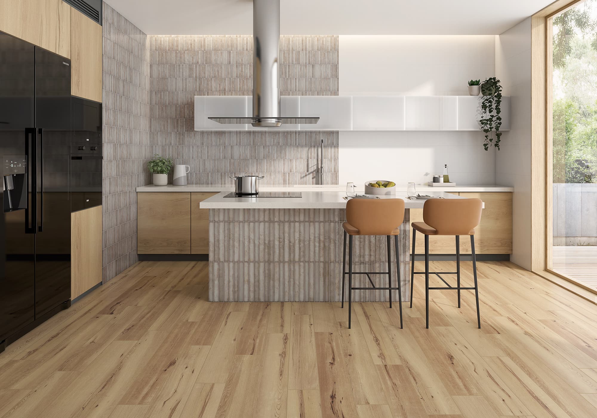 Warm kitchen interior with wood-look flooring and textured tile